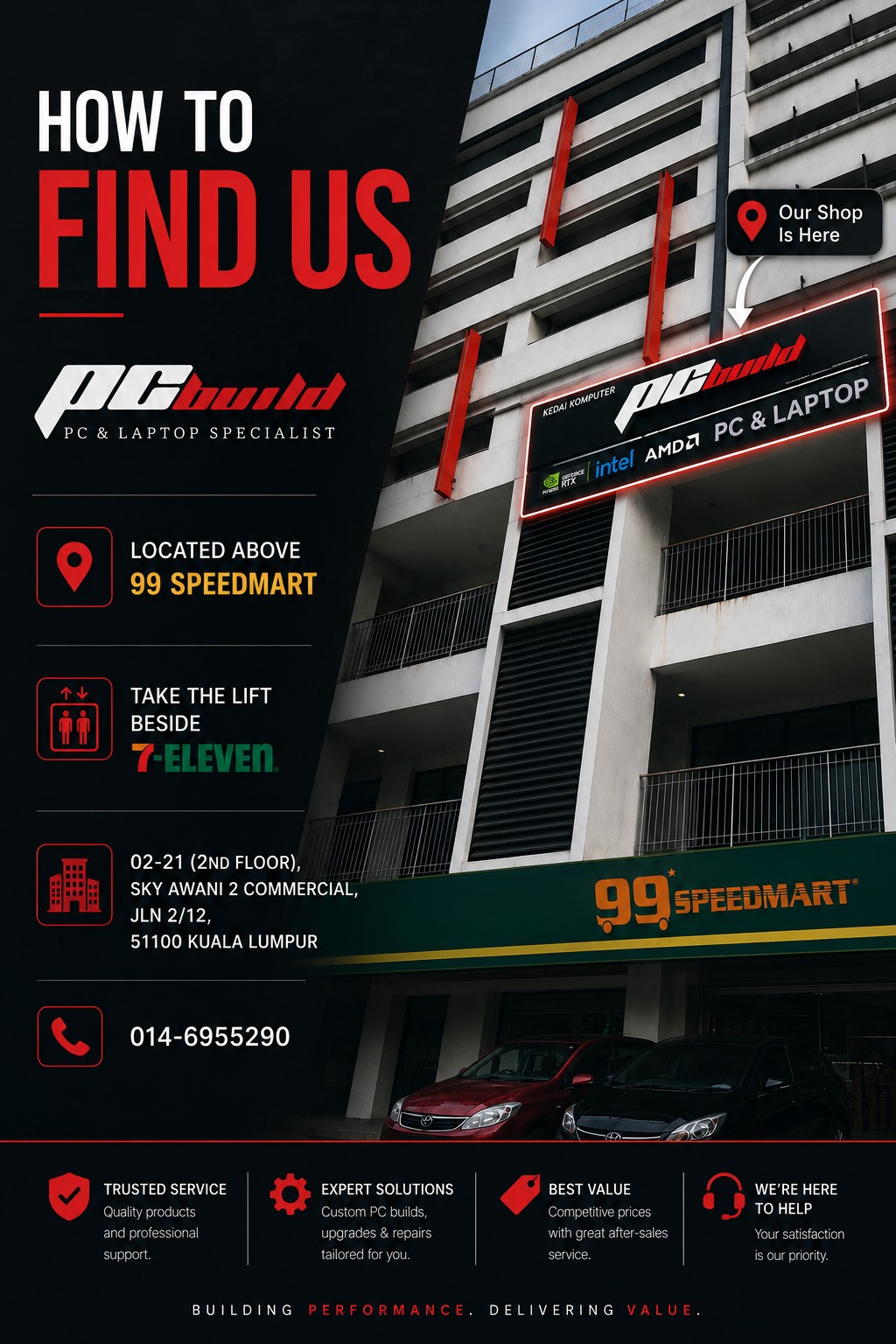 PC BUILD shop location guide: Sky Awani 2 Commercial, above 99 Speedmart, take lift beside 7-Eleven to second floor